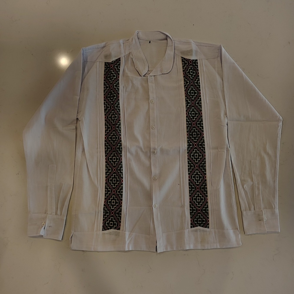 Mens White Cotton Guayabera Long Sleeve Shirt Geometric Embroidery Size M